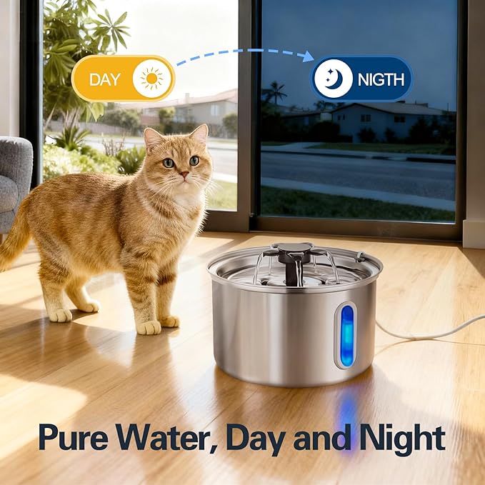 3L/101oz Stainless Steel Cat Water Fountain for Indoor Use - Ultra Quiet Automatic Cat Fountain for Drinking, BPA-Free Pet Water Dispenser for Cats/Small Dogs LED Window (2 Filters & 2 Sponges, Large)