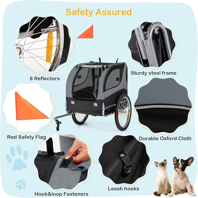 Dog Bike Trailer - HAPPAWS Dog Trailer for Bicycle, Cargo Cycle Trailers Wagon Cart Pet Bike Carrier w/ 3 Doors, Aluminum Wheels, Safety Flag, Easy to Connect&Disconnect, Collapsible to Store