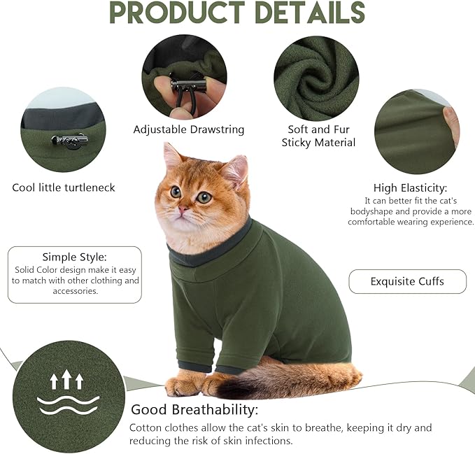 Sticky Cat Clothes Stretchy, Sphynx Hairless Sweater & Pajamas for Cats only, Soft Cat Onesie for Cats After Surgery Female Male & Hair Loss Prevention, Green 2XL