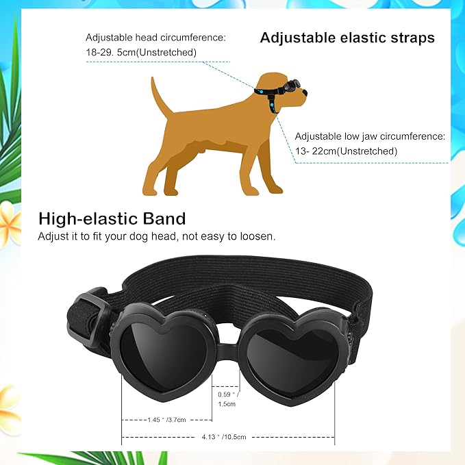 Small Breed Dog Sunglasses, UV Protection with Adjustable Strap, Heart-Shaped Goggles for Waterproof, Windproof, Anti-Fog Eye Protection, Beach Accessories (Black)