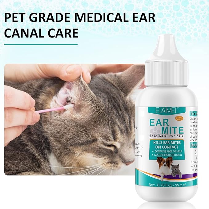 Ear Mites Clean for Dogs & Cat, with Aloe Vera, Cleaner on Contact & Soothes Itching, Vet-Recommended Formula for Pets Ear Cleaning, Fast-Acting