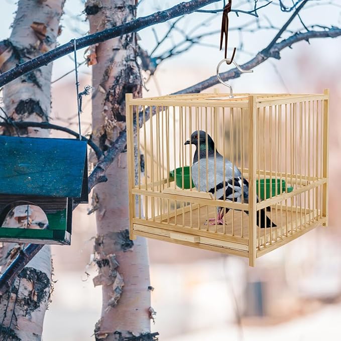 Happyyami Bamboo Bird Cage Small Square Parakeet Cage with Hanging Hook Indoor Outdoor Bird Keeping for Budgie Lovebird Cockatiel