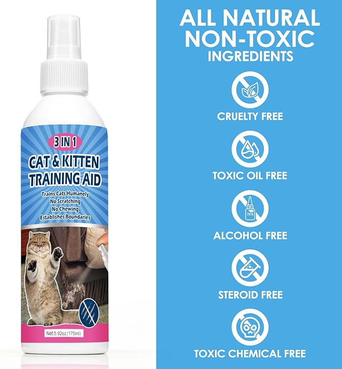 Natural Cat Deterrent Spray, 8.45 FL Oz Cat Repellent Indoor for Cat and Kitten, Anti-Scratch Cat Training Spray for Furniture, Curtain, Floor & Plant, Indoor & Outdoor Use