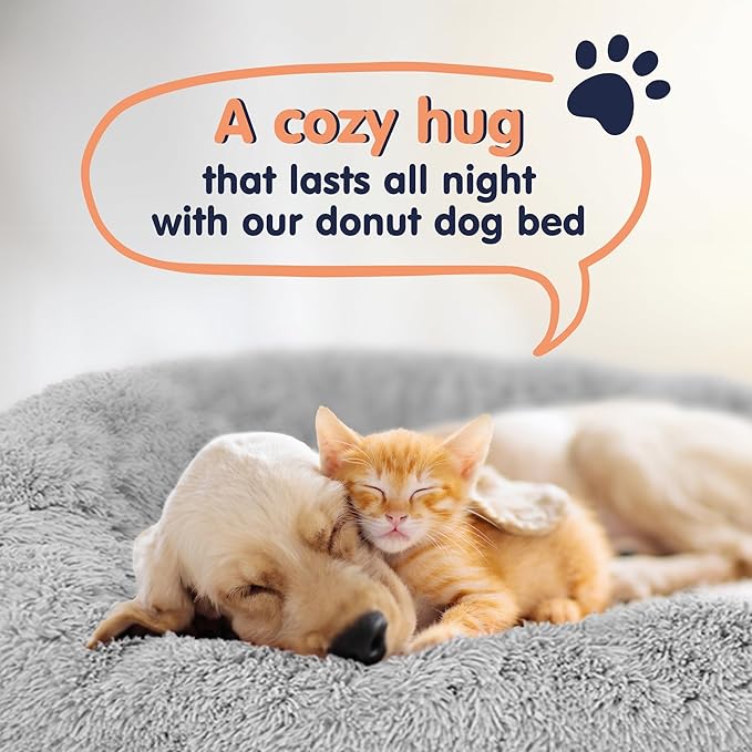 Donut Dog Bed - Premium Comfort for Anxiety Relief - Fluffy & Calming Design with Ultra-Plush Support | Cozy Round Dog Bed with Super Soft Circle Style (Grey, Small)