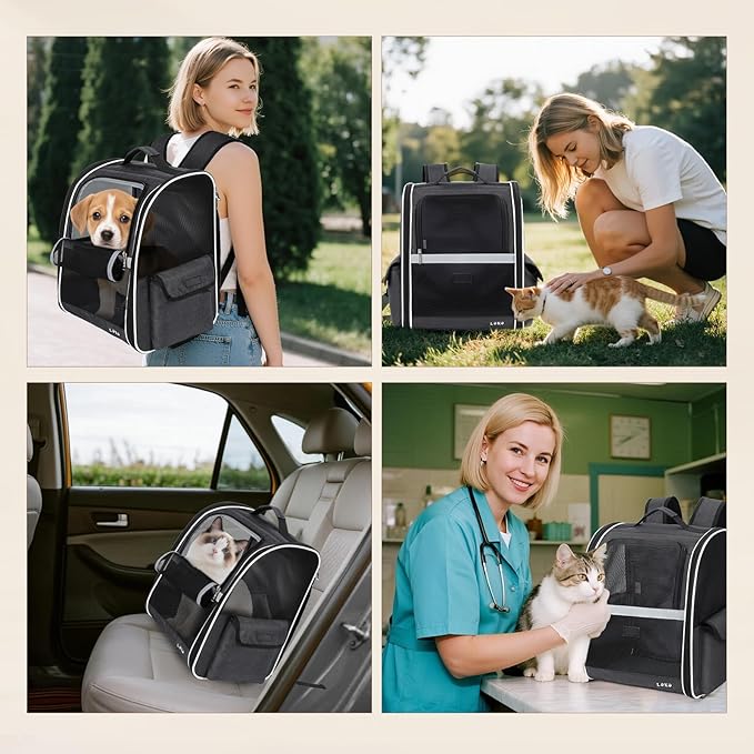 Lekereise Ventilated Dog Backpack Carriers, Cat Carrier Backpacks with Breathable Mesh for Small Cats Dogs Puppies Up to 17 Lbs, Pet Foldable Backpack Great for Travel Hiking Camping Outdoor Black