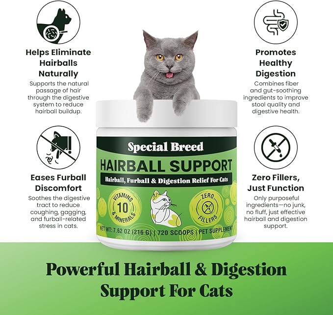 Special Breed Hairball Support for Cats - 10 Super Ingredients for Hairball Relief, Digestive Support & Healthy Skin - No Fillers - Psyllium, Pumpkin, Omega-3s & More - 720 Scoops