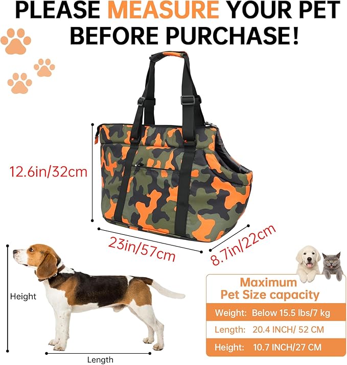 Premium 10mm Padded Dog Purse Carrier for Large Dog, Pet Tote Bag Shoulder Carrying Purse for Dog/Cat Below 7kg/15.5lbs - Camouflage Orange