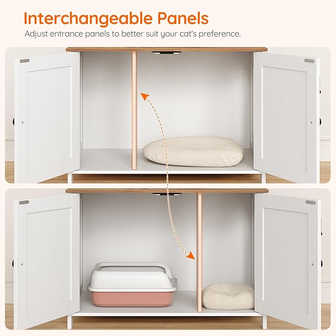 HOOBRO Litter Box Enclosure, Cat Litter Box Furniture with Removable Divider, Hidden Litter Box Furniture, Wooden Cat House, End Side Table, 31" L x 17.5" W x 19.7" H, White and Walnut WH03MW01G2