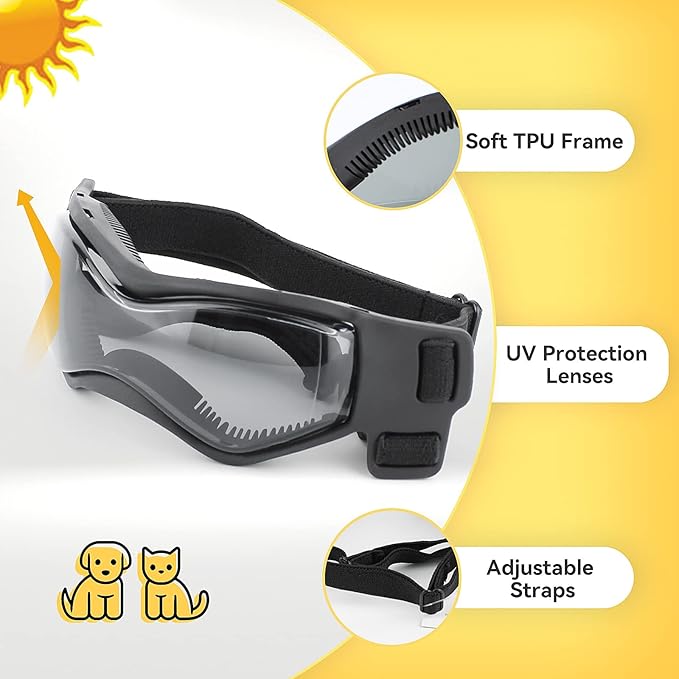 Dog Sunglasses for Extra Small Breed UV Protection Windproof XS Dog Goggles with Adjustable Head & Chin Straps for Ride Car/Hiking Travel/On Beach-Black