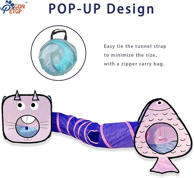 Cat Tunnel for Indoor Cats with Cube Tent Toys Combo, Crinkle Paper Collapsible Interactive Pet Cat Tubes with Play Ball and Bell for Puppy, Kitty, Kitten, Rabbit (3 in 1 Set)