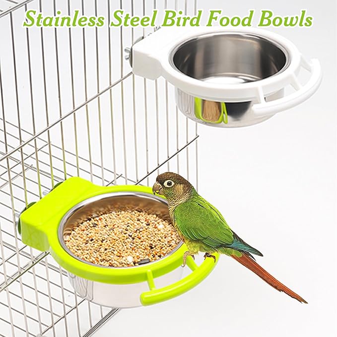 BNOSDM 2 PCS Bird Feeding Dish Cups Perch Stand Hanging Stainless Steel Bird Bowls Food Container Food and Water Bowls with Spoon for Budgie Cockatoo Finch Lovebirds Pigeons (White)