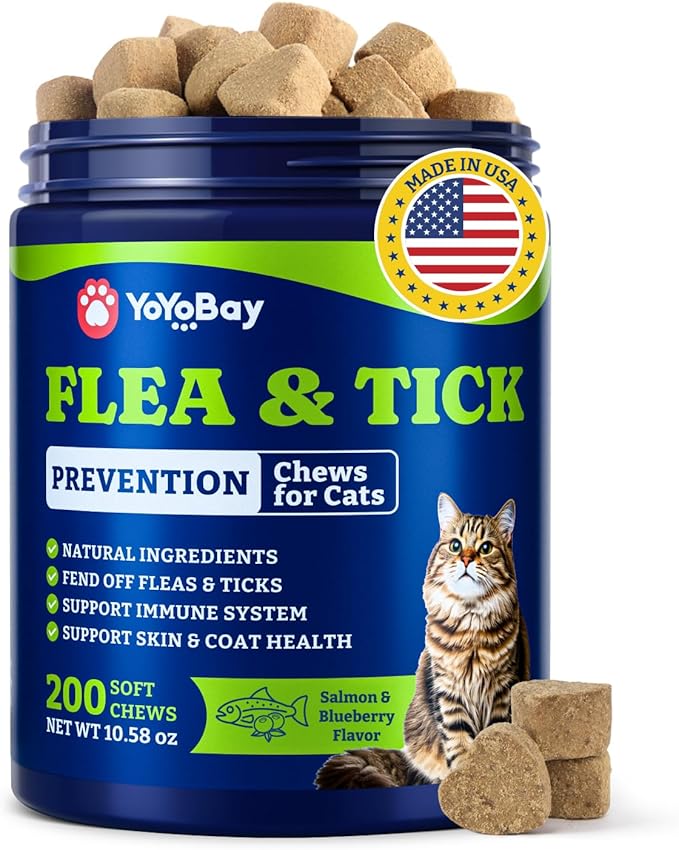 Flea and Tick Prevention for Cats - 200 Soft Chews Natural Cat Flea Treatment, Salmon & Blueberry Flavor - Flea Treatment for Cats, Cat Oral Flea, Immune Support Supplement (200 Chews)