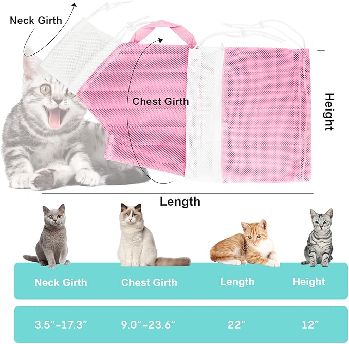 Cat Bathing Bag Adjustable Cat Grooming Net Bag Anti-bite & Anti-Scratch Cat Bath Washing Restraint Bag, Breathable Mesh Cat Grooming Bag for Shower, Nail Trimming, Injection (A-Pink)