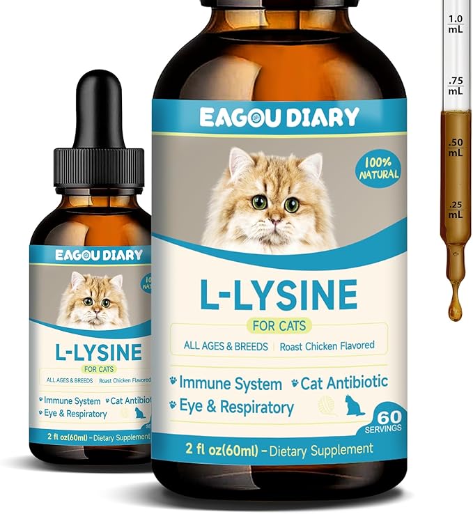 L-Lysine for Cats,Lysine Drops Immune Support Supplement,Sneezing,Cold,Allergy Relief,Runny Nose,Feline Respiratory,Natural Antibiotics for Cats with Colostrum,Taurine (Roast Chicken Flavor/2floz)