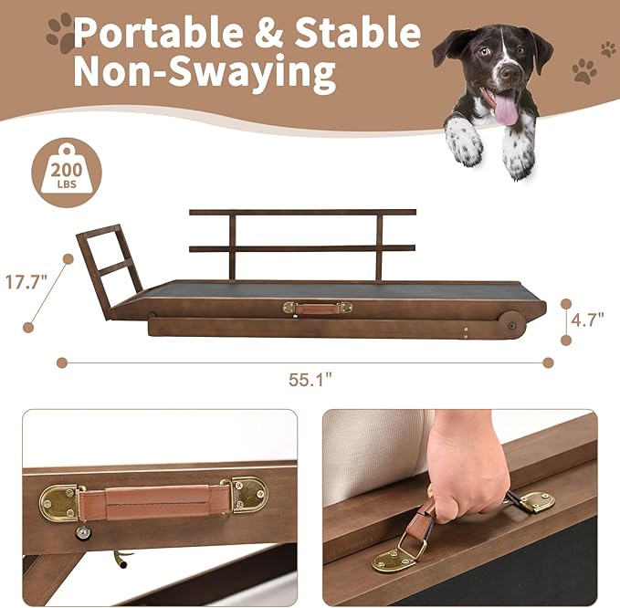 SLSY Dog Ramp for Beds & Couches, Folding Adjustable Pet Ramp with Non-Slip Rubber Mat, 55" Long, 5 Heights (15.7"–27.5"), Wooden Ramp Supports Up to 220 lbs for Dogs & Cats (Brown)