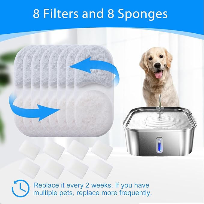 8+8 Pack Pet Fountain Filter Replacement Compatible with MAILOFY 14L/3.7Gal Stainless Steel Dog Water Fountain, 4-Layer Filter System with Activated Carbon for Dog Water Filter Replacement