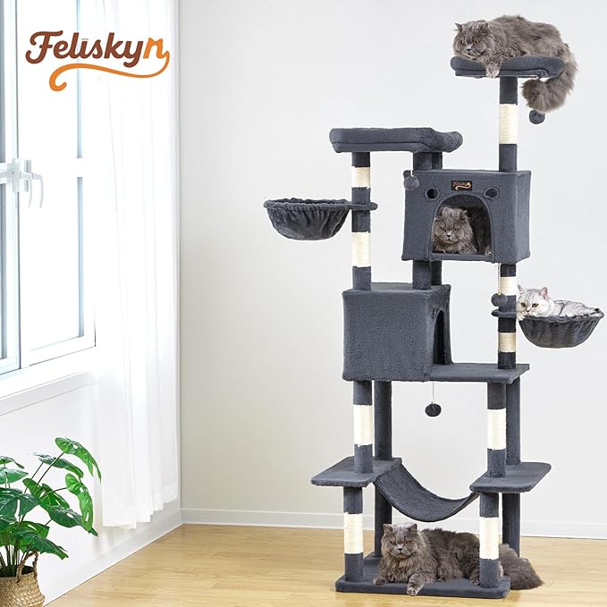 Large Cat Tree Tower for Indoor Cats Adult, 74.8 Inch Tall Large Multi-Level Tree Towers with Scratching Posts, Condo, Hammock, Bed for Big Cats, Modern Cat Trees Furniture Heavy Duty (Dark Gray)