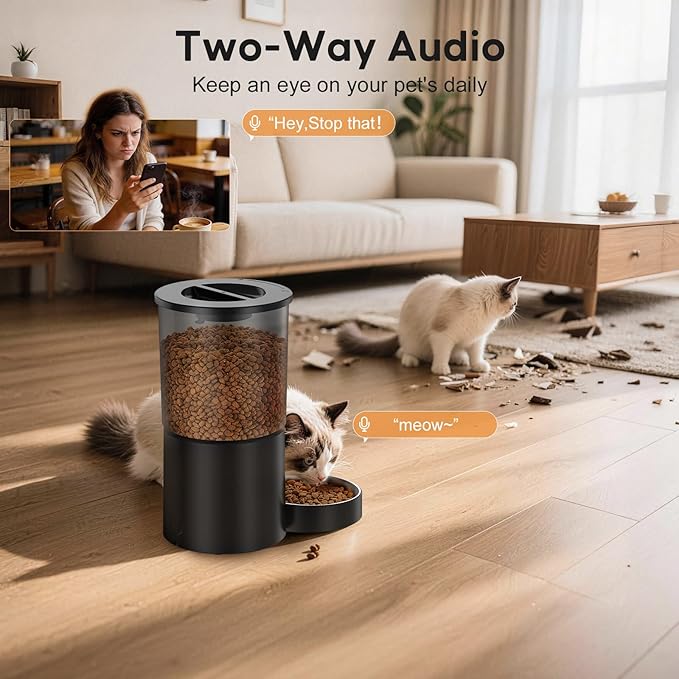 Automatic Cat Feeder with Camera,WiFi Cat Food Dispenser with App Control,1080P HD Video,Two-Way Audio, Transparent 4.2L Food Container (Black)
