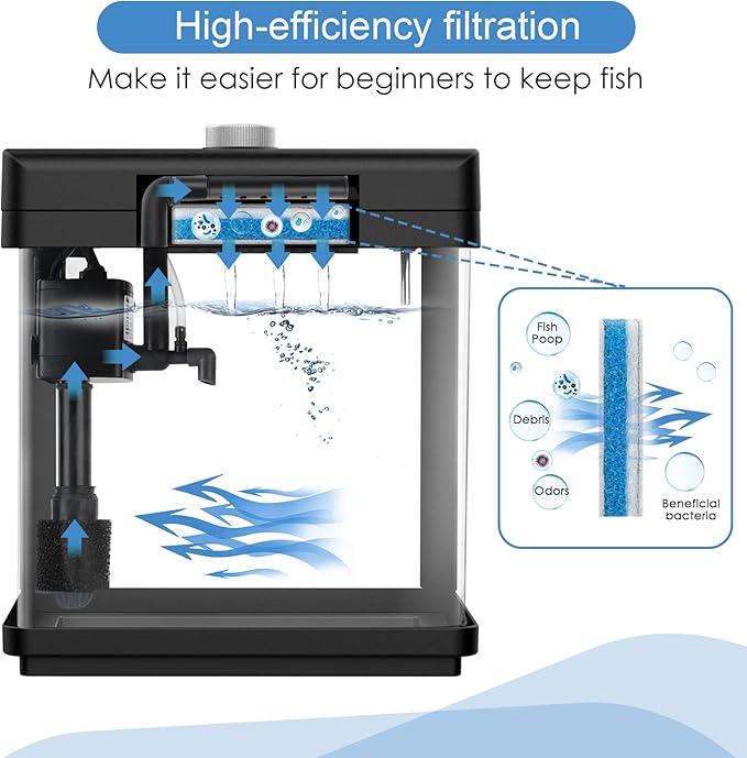 AQQA 1.5 Gallon Aquarium Kits Desktop Small Fish Tank with Filter and Light (8 Colors Adjustable) Freshwater & Saltwater Betta Fish Tank Kit Office & Home Decor (Black)