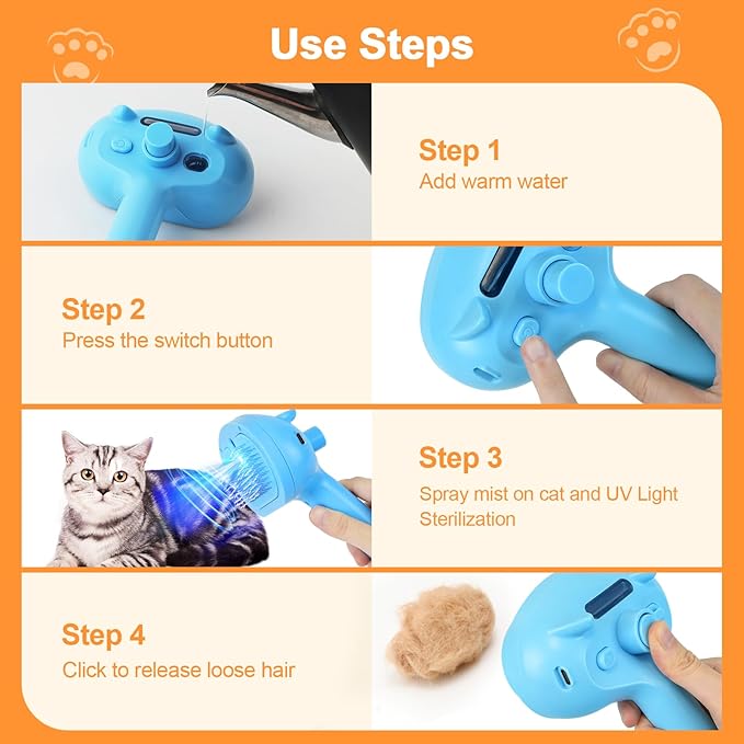 Pet Steam Brush for Dogs, 4 in 1 Cat Steam Brush for Long Short Haired, Self Cleaning Brush for Shedding, Metal Pet Misting Hair Comb with Handle for Grooming Kitten Dog(Blue)
