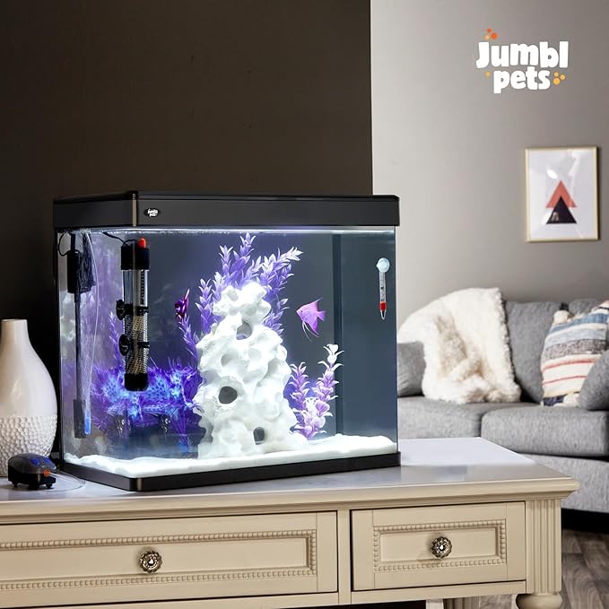 JumblPets Premium Fish Aquarium Kit, Complete Glass Fish Tanks Set with LED, Filtration System & Set, Hood & Lid, Bubbler Kit, Heater, Thermometer & Net, Ideal for Freshwater/Marine Fish, 7 Gallon
