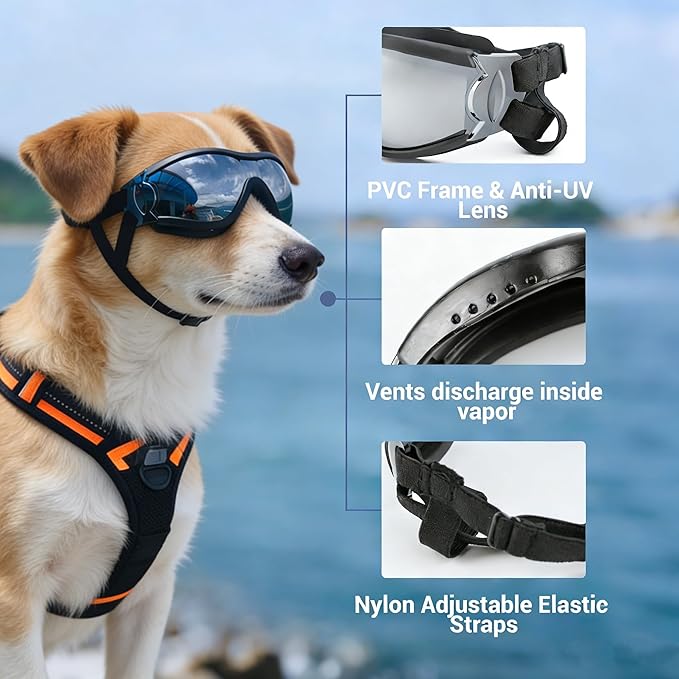 Namsan Medium Dog Goggles, UV Protection Goggles for Dogs Small Medium Breed, Doggy Sunglasses with Adjustable Straps, Windproof Dog Eye Protection for Outdoor Activities, Black