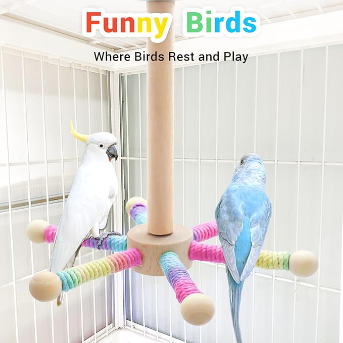 Bird Rotating Perch Toys,Parakeet Interactive Stand Perch Toy,Wooden Exercise Wheel Parrot Toys,Cockatiel Toys for Bird Cage Accessories for Small and Medium Parrots (6 Perch)