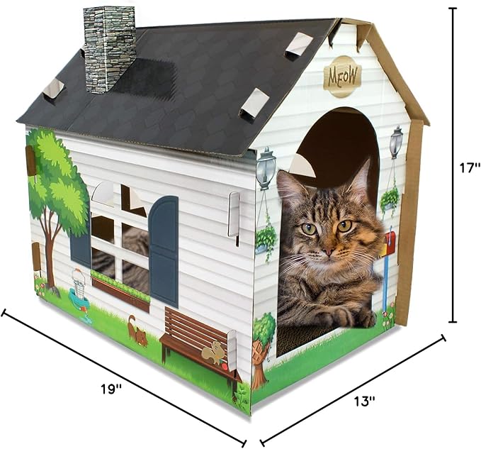ASPCA Cardboard Cat House Hideaway Playhouse with Cat Scratcher Scratching Pad 19" L x 13" W x 17" H