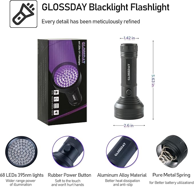 Blacklight Flashlight 68 LED UV Flash Light,Ultraviolet Flashlight Black Light Professional Pet Urine Detector for Dog/Cat Urine,Pet Stains,Hunting Scorpions