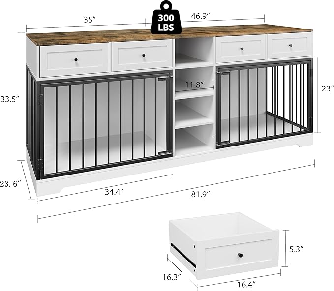 GAOMON Dog Crate Furniture for 2 Dogs, 82'' Large Dog Kennel Indoor with 4 Storage Drawers and 4 Shelves, Double Dog Crate TV Stand for Medium and Large Dogs, White