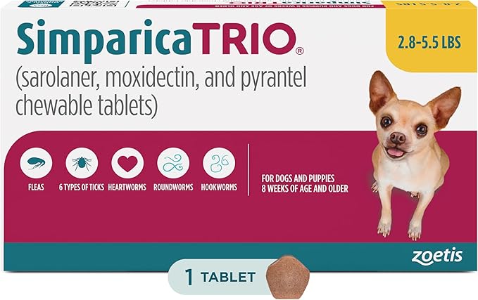 Simparica Trio (sarolaner, moxidectin, and pyrantel chewable Tablets) Chewables for Dogs, 3 mg/tab, 2.8-5.5 lbs, (Gold), 1 Tablet