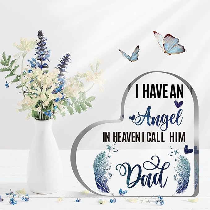 Sympathy Memorial Gift for Loss Loved One Father I Have Angel Dad Sign Bereavement Remembrance Paperweight Keepsake Funeral Grief Condolence Memorial Table Home Feather Decorations