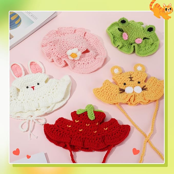 5 Pack Cute Knitted Cat Hats Dog Hats – Frog Strawberry Pink Flower Tiger Rabbit Funny Hat for Cats Dogs Small Pets Birthday Costume Accessories