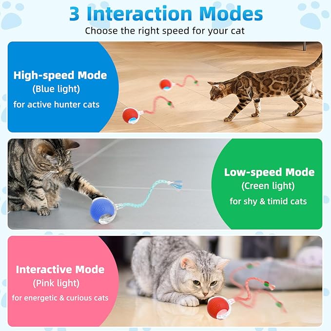 Interactive Cat Toys for Indoor Cats, Automatic Kitten Toys for Bored Indoor Adult Cats, Smart Kitten Rolling Ball Moving Balls Toy, Rechargeable Dog Cat Ball for Enrichment Exercise (Red+Blue)