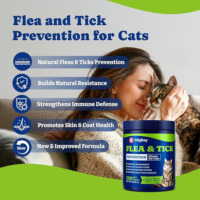 Flea and Tick Prevention for Cats - 200 Soft Chews Natural Cat Flea Treatment, Salmon & Blueberry Flavor - Flea Treatment for Cats, Cat Oral Flea, Immune Support Supplement (200 Chews)