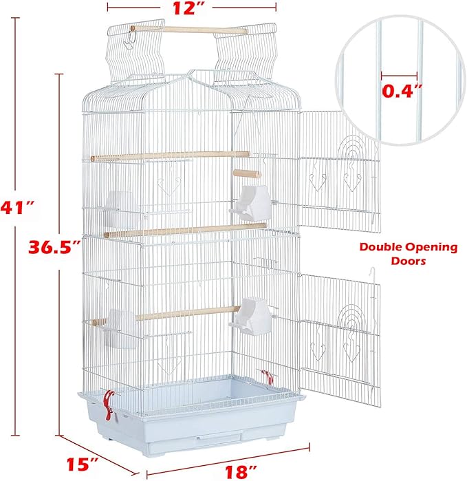 Large 35-Inch Portable Flight Bird Travel Cage for Canary Parakeet Cockatiel Lovebird Finch Bird Cage - 18" Length x 14" Depth x 35" Height (White with Toy)