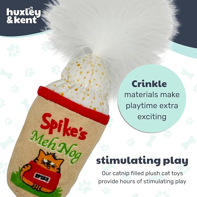 Huxley & Kent Plush Cat Toy - Holiday Interactive Catnip Toy for Cats & Kittens - Soft with Crinkle & Catnip - Fun Indoor Play - Meh Nog