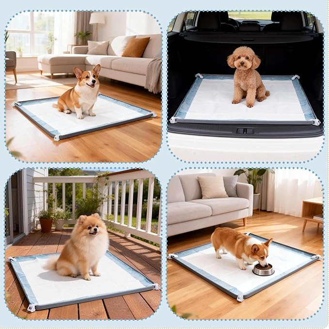 Pee Pad Holder, Dog Potty Tray for 24" x 24" Training Pads, Silicone Non-Slip Pee Mat Potty, No Spill Raise Lip High Edge Puppy Pad Tray with 4 Holder Clamps for Dog Training Home Floor Protection