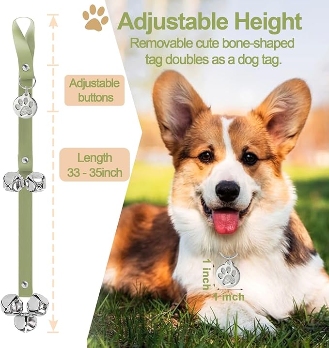 Leather Dog Bells, Puppy Potty Training Bell Dog Doorbell Potty Train Dog Bell for Potty Training Door Bells for Dogs to Ring to Go Outside Jingle Bells (Leather Green, Round Paw 1 PCS)
