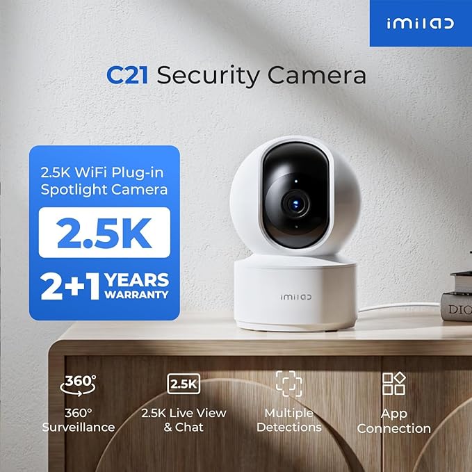 IMILAB C21 2.5K Security Camera Indoor, 360° View Room Camera for Bedroom, Dog Cat Cam w/Phone App, Indoor Cam for Baby Kids Pet Monitor, Night Vision, Two Way Audio, 2.4GHz WiFi, Local/Cloud Storage