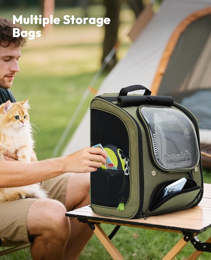Pecute Cat Backpack Carrier, Large Space Cat Bubble Backpack, Breathable Cat Carrier, Shaded Dog Backpack Carrier, Ergonomic 3D Design for Travel, Hiking, Walk, Suitable for Shopping, Car, Vet, Green