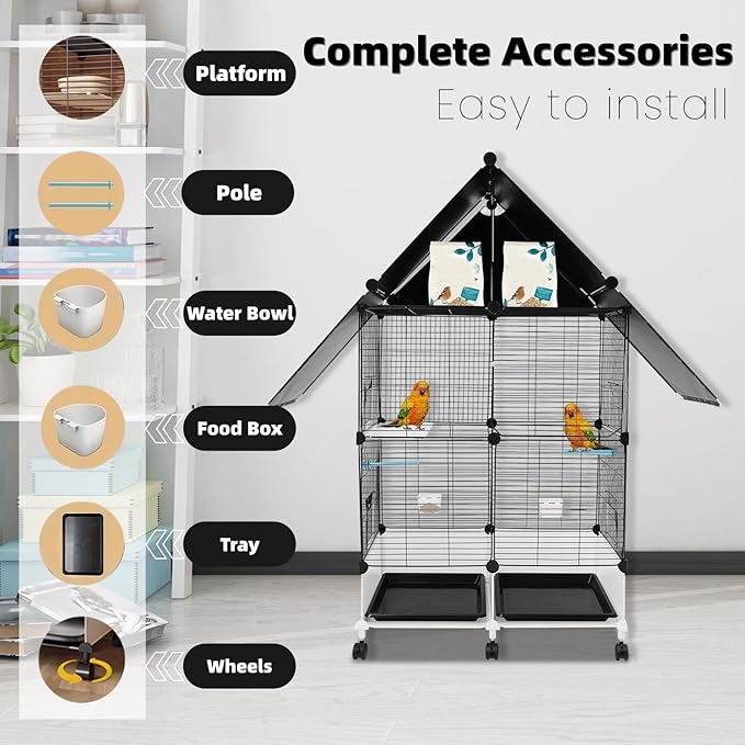 50 Inch 2-Tier Big Bird Cage with Food & Water Bowls Parakeet Bird Cage with Stand, Wheels Metal Birdcage Parrot Cage for Parakeet, Lovebirds, Ringneck, Cockatiels (Black, 2-Tier)