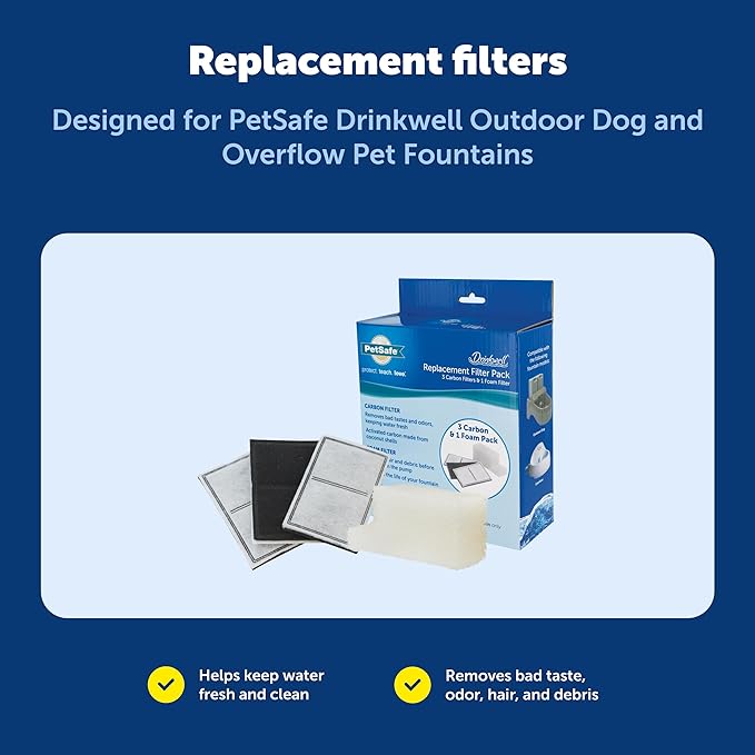 PetSafe Drinkwell Replacement Filter Pack for Outdoor Dog Water Fountain, 3 Carbon Filters & 1 Foam Filter