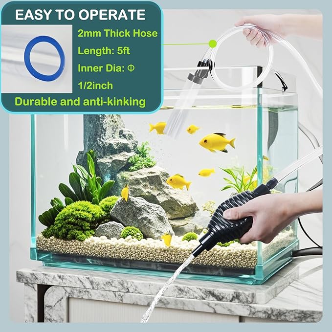5ft Aquarium Siphon Vacuum Cleaner-Hand Siphon Pump Water Changer for Fish Tank Cleaning Gravel & Sand