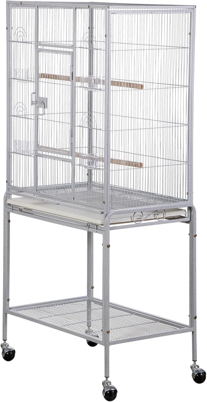 53 Inch Height Wrought Iron Standing Parrot Large Flight Bird Cage with Rolling Stand Birdcages for Parakeet Cockatiel Conure Lovebird Finch, White