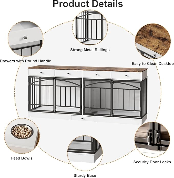 GAOMON Dog Crate Furniture for 2 Dogs, 78.7'' Large Dog Kennel Indoor with 4 Storage Drawers and Feeding Bowls, Double Dog Crate TV Stand for Small and Medium Dogs, White