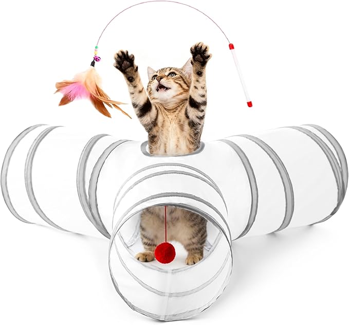 Love’s Cabin Cat Tunnel for Indoor Cats, 3-Way Collapsible Play Tunnel with Teaser Wand, Peek Holes & Toy Ball, Small Pet Toy for Kittens & Rabbits, White & Light Grey, Medium Size