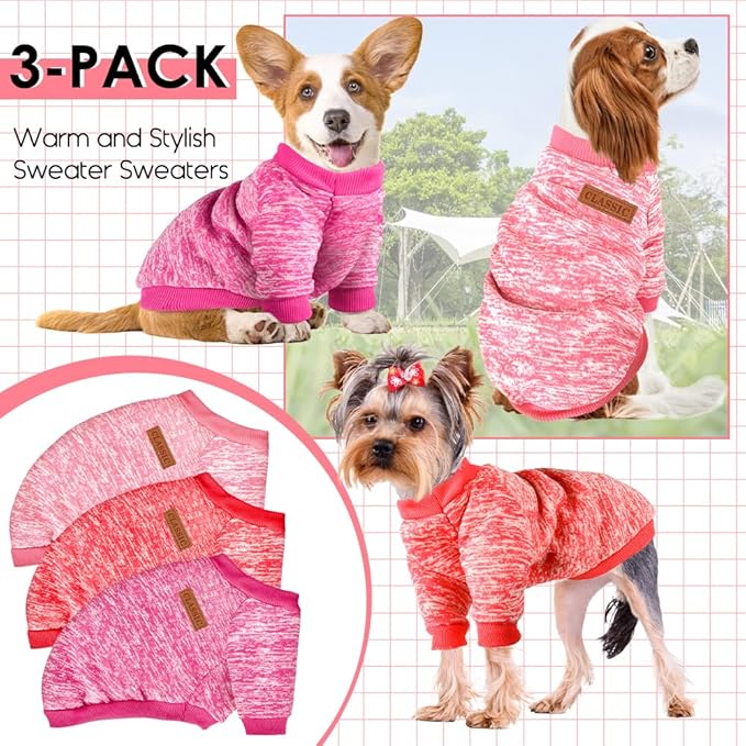 3 Pack Dog Sweaters for Small Dogs Girl Boy Winter Fleece Clothes Warm Soft Dog Sweatshirt Outfit for Dogs Cats Pet Apparel (Rose+Red+Pink, X-Small)