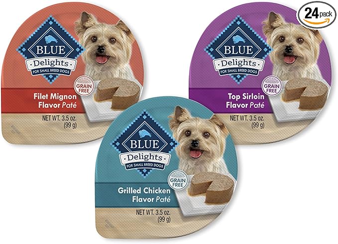 Blue Buffalo Delights Natural Adult Small Breed Wet Dog Food Cups, Pate Style, Chicken, Top Sirloin, and Filet Mignon 3.5-oz (24 Pack- 8 of Each Flavor)