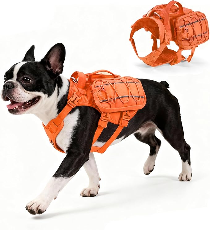 Medium Dog Harness Backpack, No Pull Adjustable Dog Vest with Handle & Leash Ring, Lightweight Dog Backpack with Side Pockets for Walking, Training & Day Hikes, Orange, M